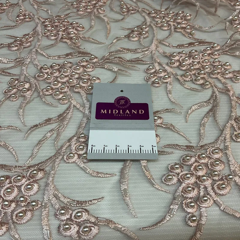 Blush embroidery lace with Blush faux pearls and Blush bungle beads - Double scalloped border Fabric - M1400-37