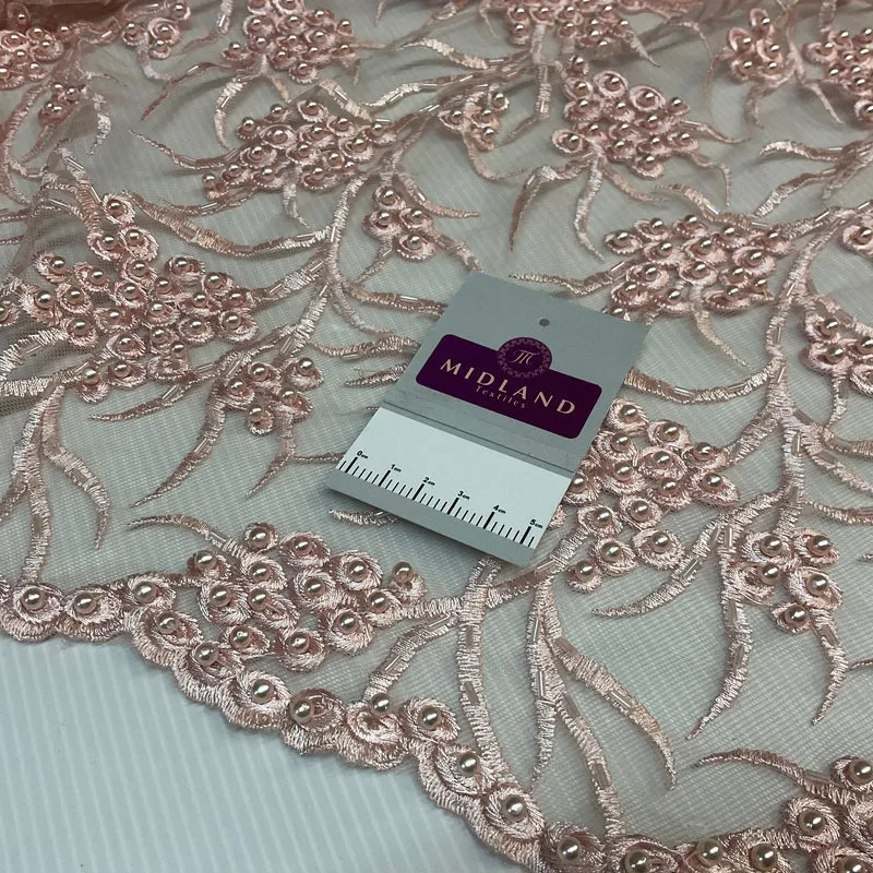 Pale Pink embroidery lace with pale pink faux pearls and pale pink bungle beads - Double scalloped border Fabric - M1400-36
