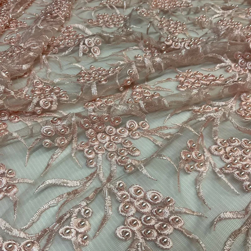 Pale Pink embroidery lace with pale pink faux pearls and pale pink bungle beads - Double scalloped border Fabric - M1400-36