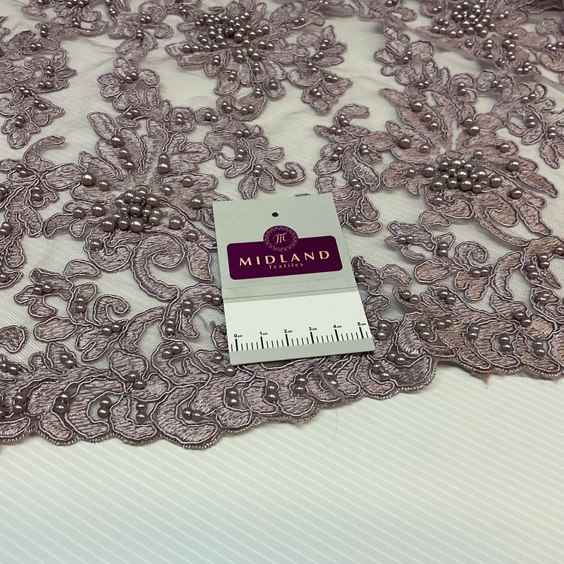 Mauve corded embroidery lace with mauve faux pearls - Double scalloped border Fabric -M1400-34