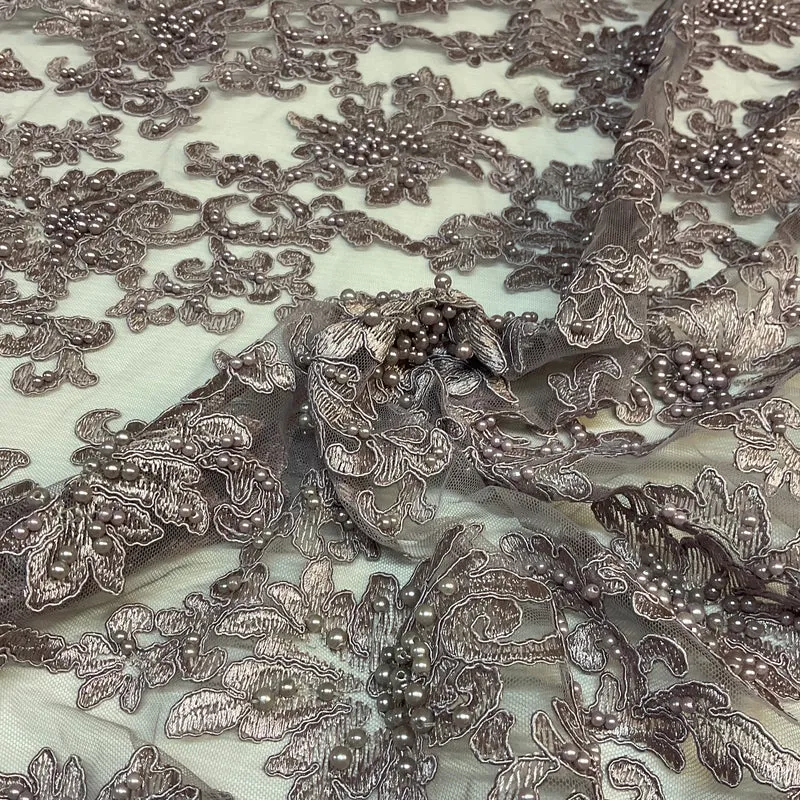 Mauve corded embroidery lace with mauve faux pearls - Double scalloped border Fabric -M1400-34