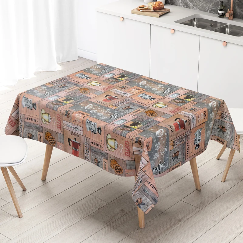 Wachstuch Tischdecke 01793-00 Kaffeemotiv auf Holz eckig rund oval