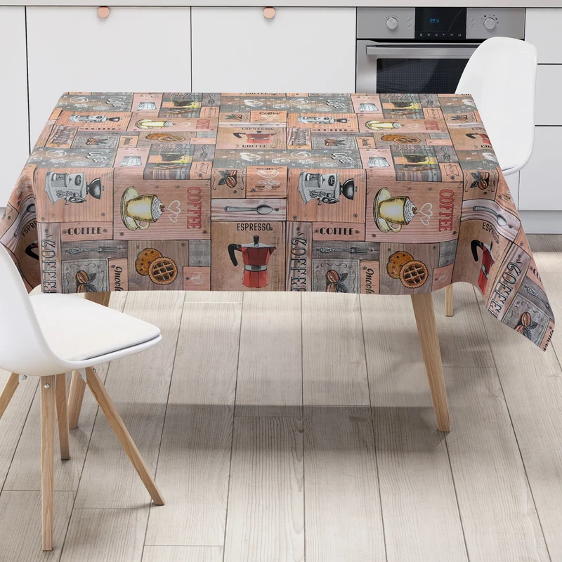 Wachstuch Tischdecke 01793-00 Kaffeemotiv auf Holz eckig rund oval