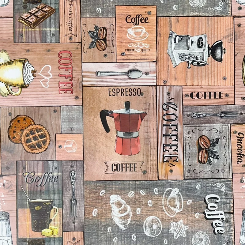 Wachstuch Tischdecke 01793-00 Kaffeemotiv auf Holz eckig rund oval