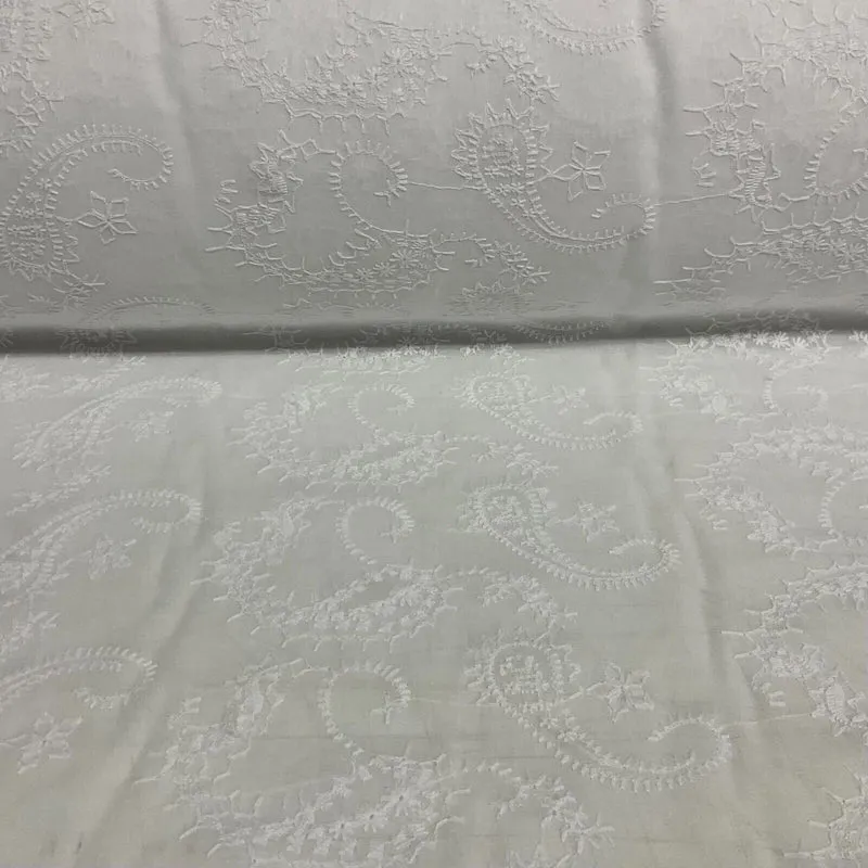 White Floral Paisley 100% cotton voile lightweight dress fabric sewing M1663