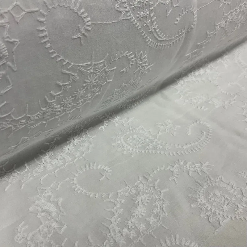White Floral Paisley 100% cotton voile lightweight dress fabric sewing M1663