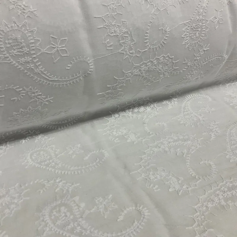 White Floral Paisley 100% cotton voile lightweight dress fabric sewing M1663