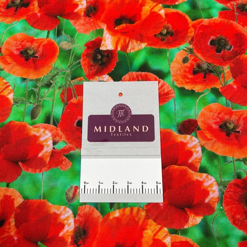 Cotton Poppy fabric Emerald Green & Red Floral printed dress poplin M1695