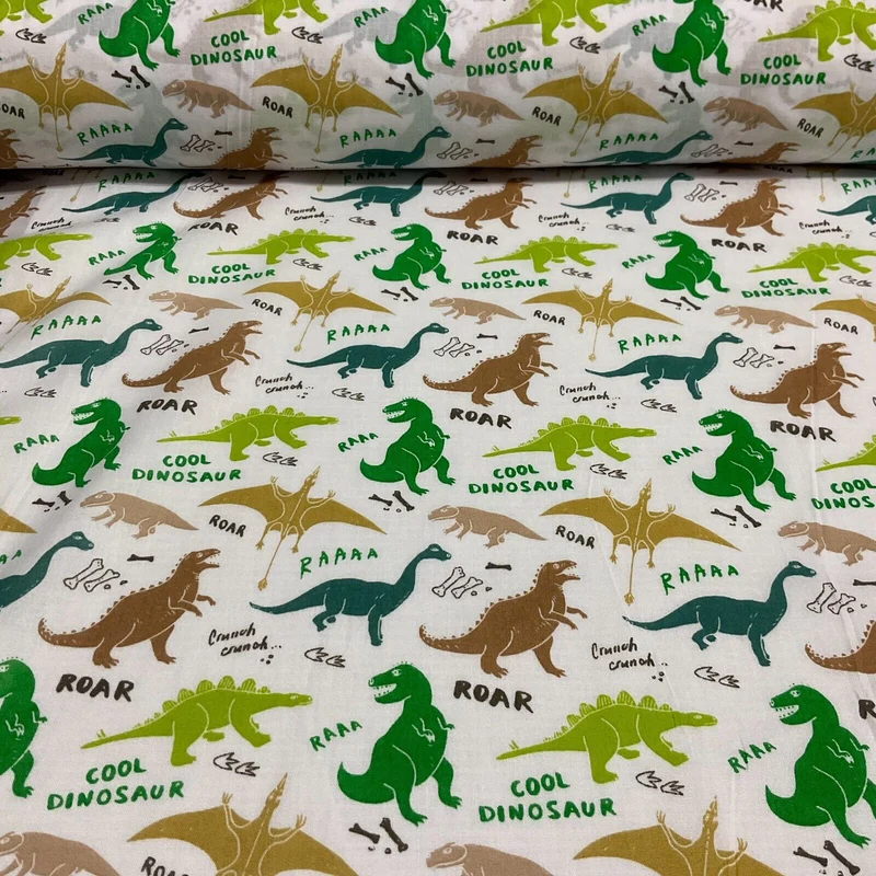 White green dinosaurs Children's Poly cotton printed lightweight fabric M1643