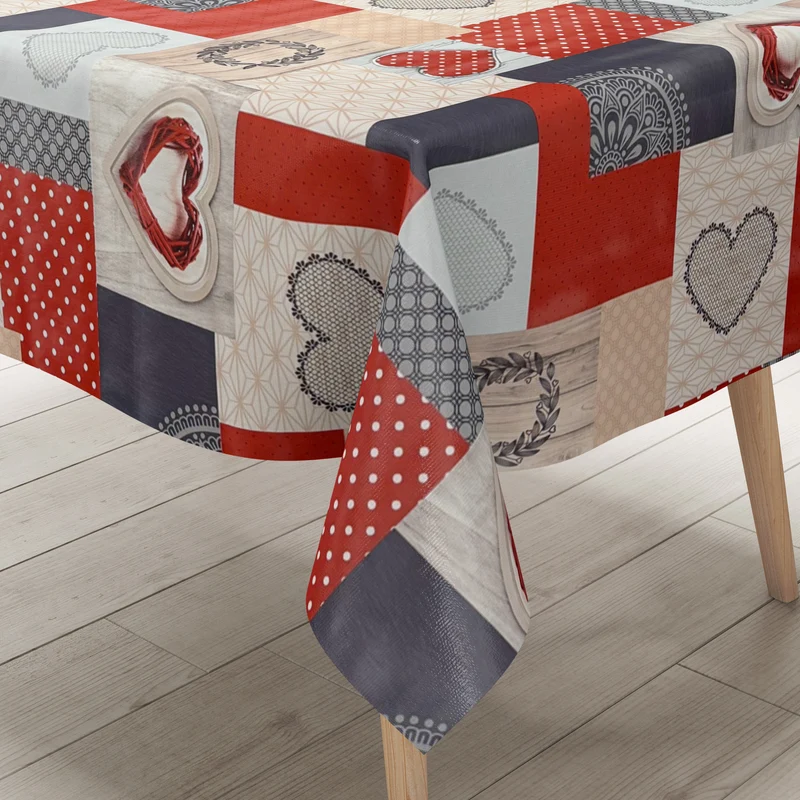 Wachstuch Tischdecke 06353-01 rote Herzen LOVE Holz eckig rund oval