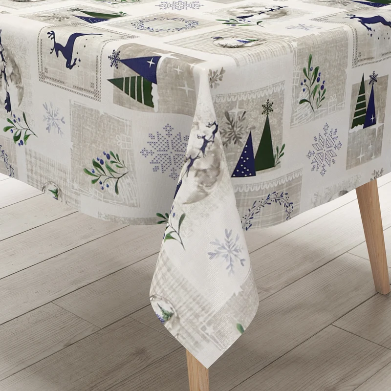 Wachstuch Tischdecke 06352-02 blau grün Weihnachten Skandinavien Rentier Schneeflocke eckig rund oval