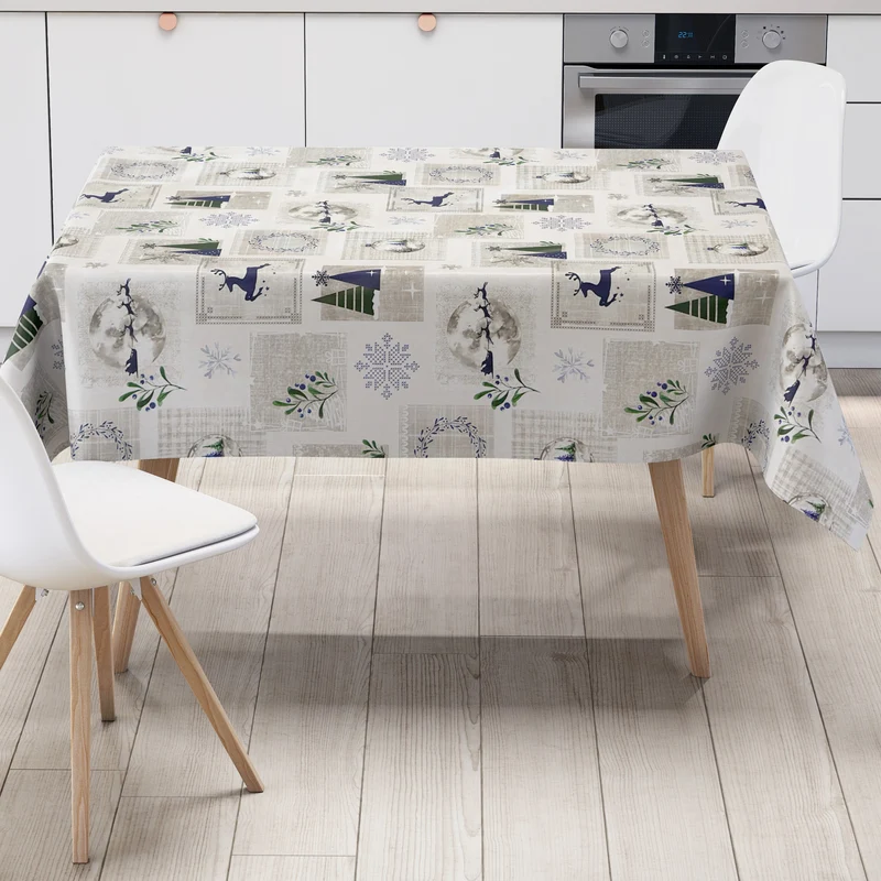 Wachstuch Tischdecke 06352-02 blau grün Weihnachten Skandinavien Rentier Schneeflocke eckig rund oval