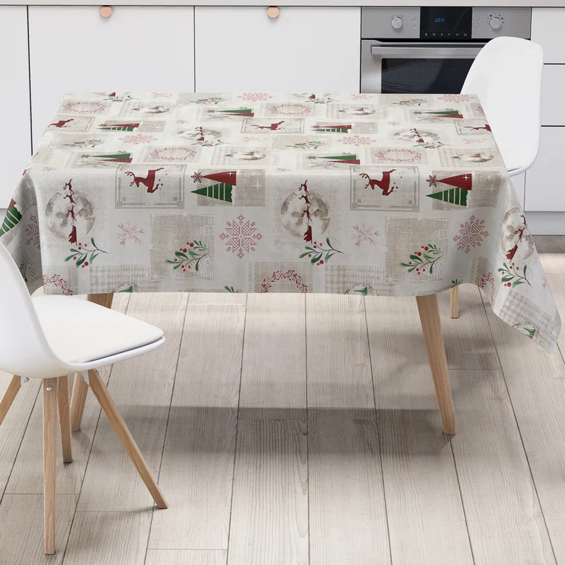 Wachstuch Tischdecke 06352-01 rot grün Weihnachten Skandinavien Rentier Schneeflocke eckig rund oval