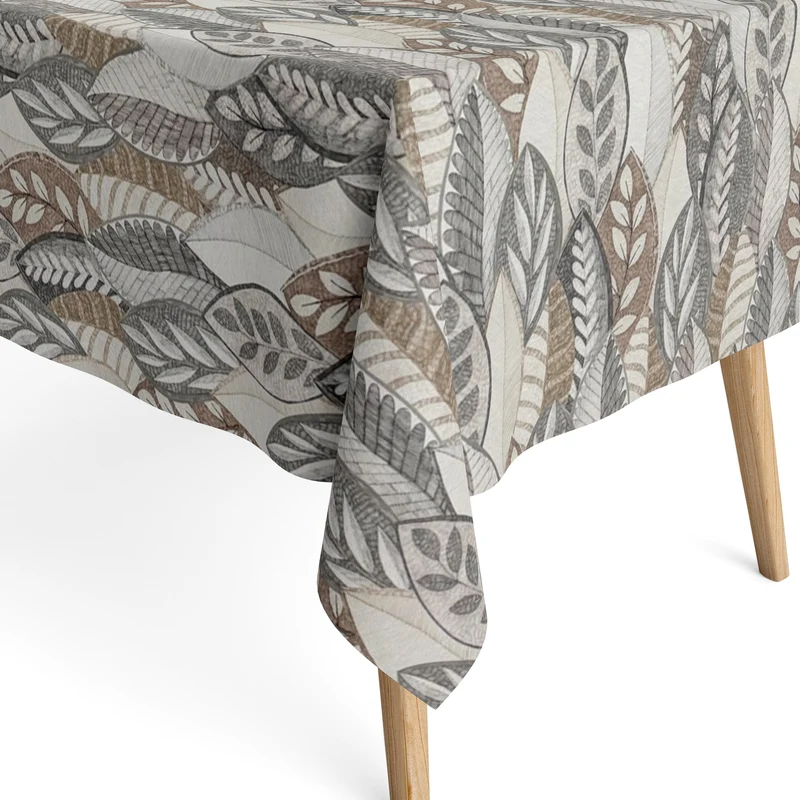 Jacquard Tischdecke aus beschichteter Baumwolle mit Fleckenschutz MINTA BEIG beige grau Blätter Laub Herbst eckig rund oval