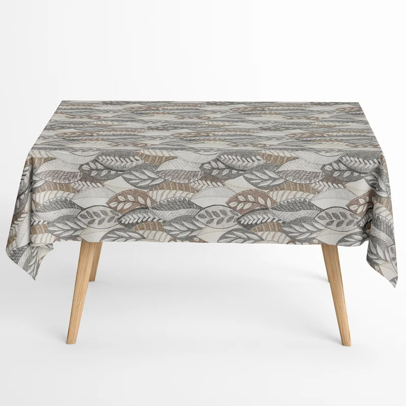 Jacquard Tischdecke aus beschichteter Baumwolle mit Fleckenschutz MINTA BEIG beige grau Blätter Laub Herbst eckig rund oval
