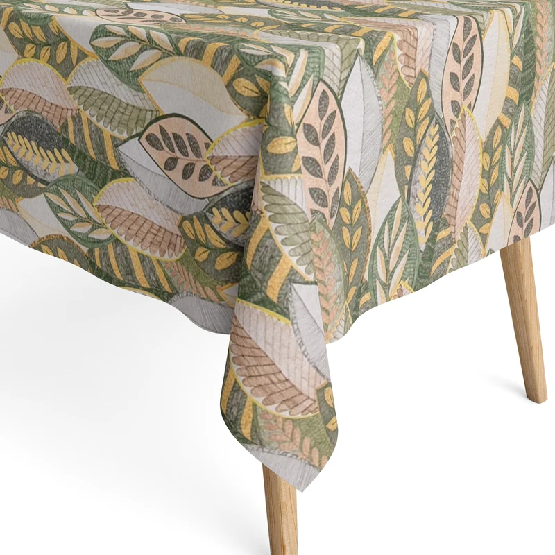 Jacquard Tischdecke aus beschichteter Baumwolle mit Fleckenschutz MINTA VERDE beige grün Blätter Laub Herbst eckig rund oval