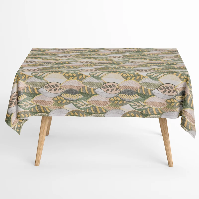 Jacquard Tischdecke aus beschichteter Baumwolle mit Fleckenschutz MINTA VERDE beige grün Blätter Laub Herbst eckig rund oval
