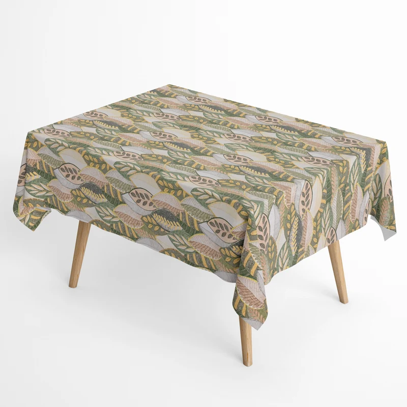 Jacquard Tischdecke aus beschichteter Baumwolle mit Fleckenschutz MINTA VERDE beige grün Blätter Laub Herbst eckig rund oval