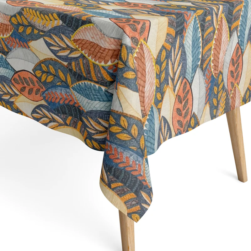 Jacquard Tischdecke aus beschichteter Baumwolle mit Fleckenschutz MINTA MULTI bunte Blätter Laub Herbst eckig rund oval