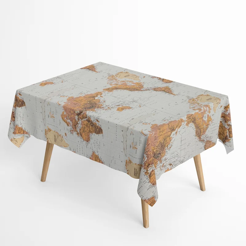 Jacquard Tischdecke aus beschichteter Baumwolle mit Fleckenschutz ATLAS BEIG Weltkarte eckig rund oval