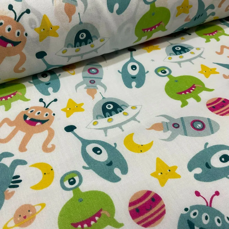 White Aliens Monsters Children's Poly cotton printed lightweight fabric M1636