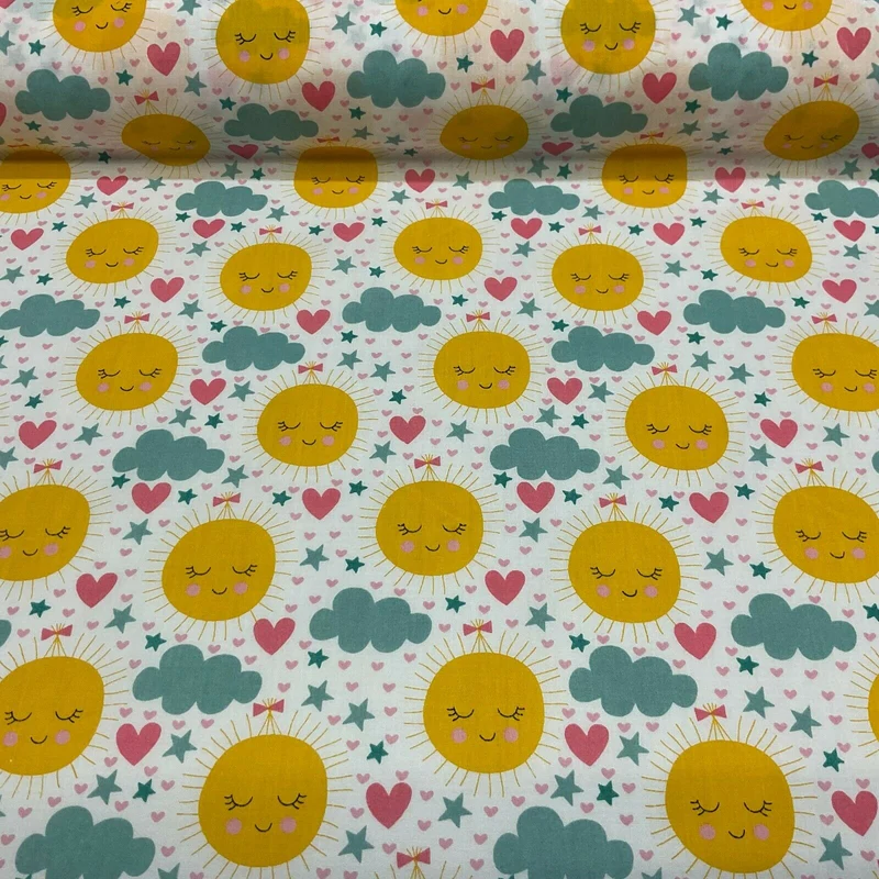 White Sunshine sun Children Poly cotton printed lightweight fabric M1631