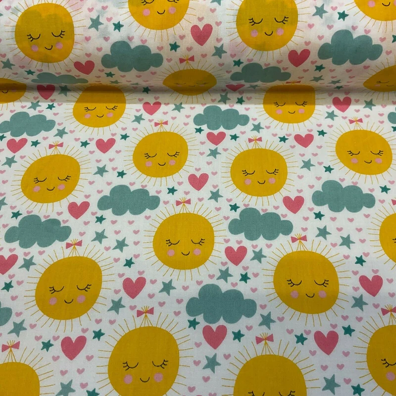 White Sunshine sun Children Poly cotton printed lightweight fabric M1631