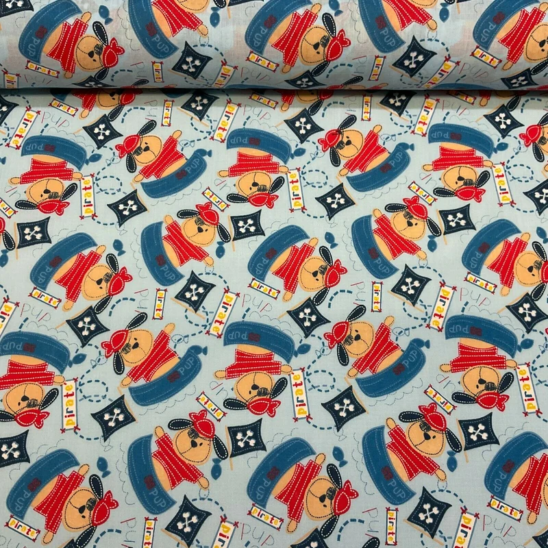Blue Pirate Puppy Novelty Children Poly cotton printed lightweight fabric M1626