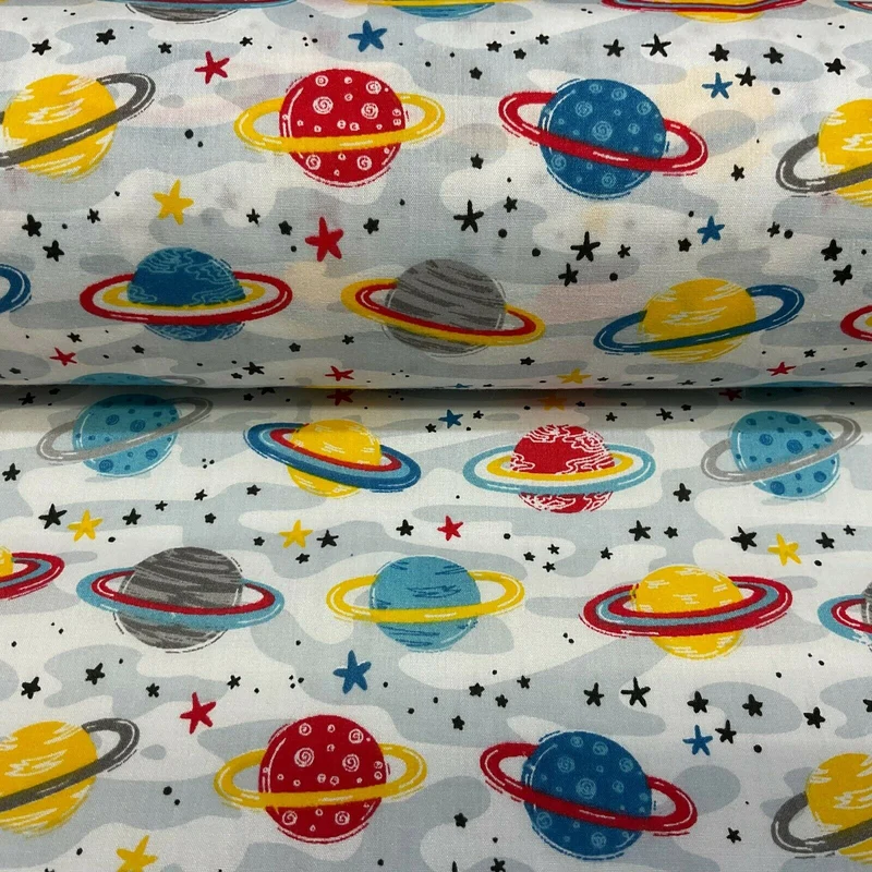 White Grey Planets Solar System Poly cotton printed lightweight fabric M1635