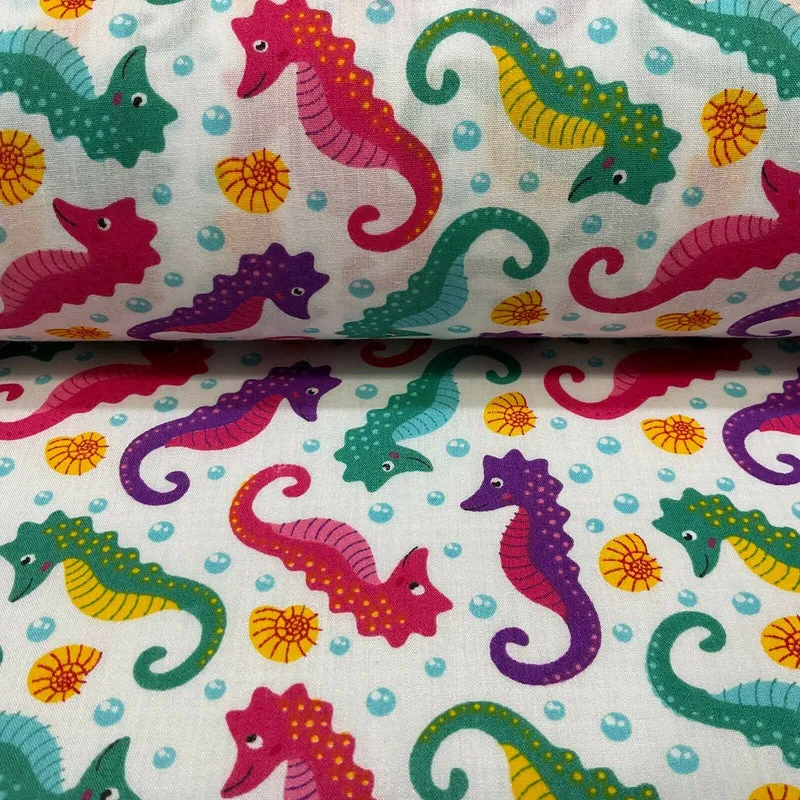 Colourful White Seahorses Poly cotton printed lightweight fabric M1624