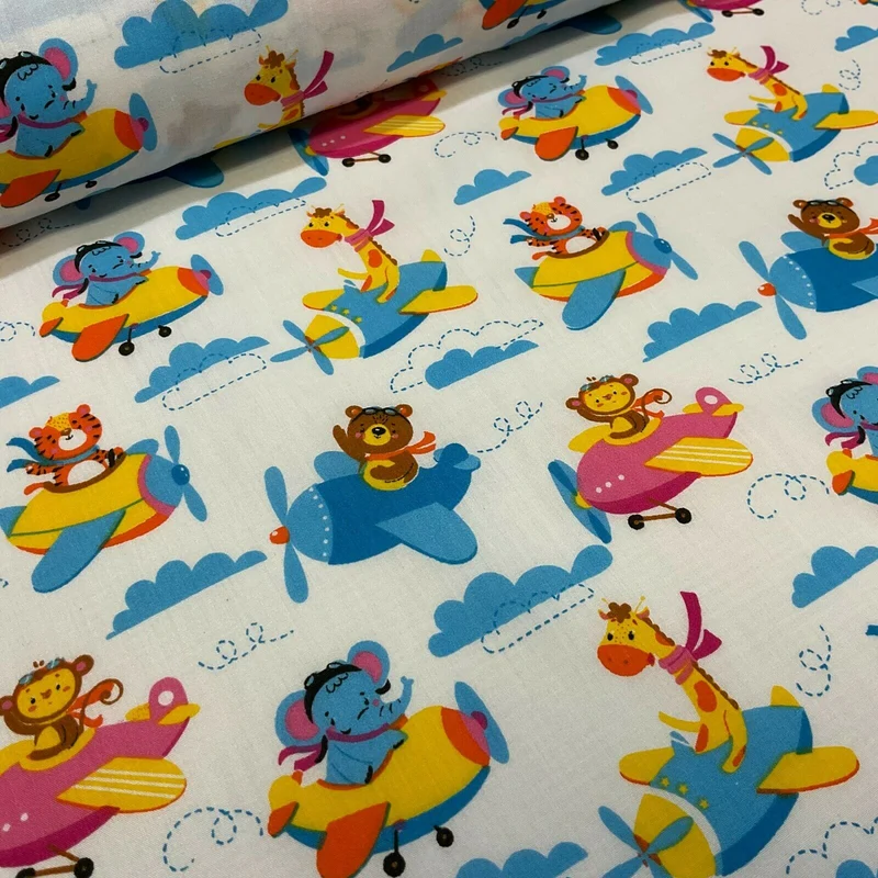 White Teddy Animal Aviators Flying Poly cotton printed lightweight fabric M1633