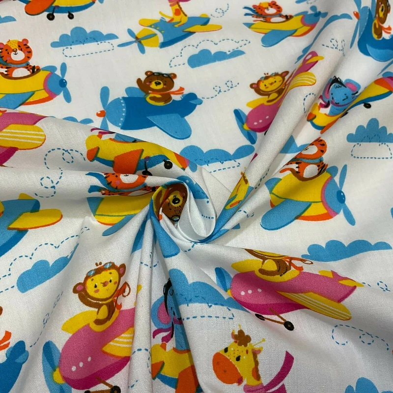 White Teddy Animal Aviators Flying Poly cotton printed lightweight fabric M1633