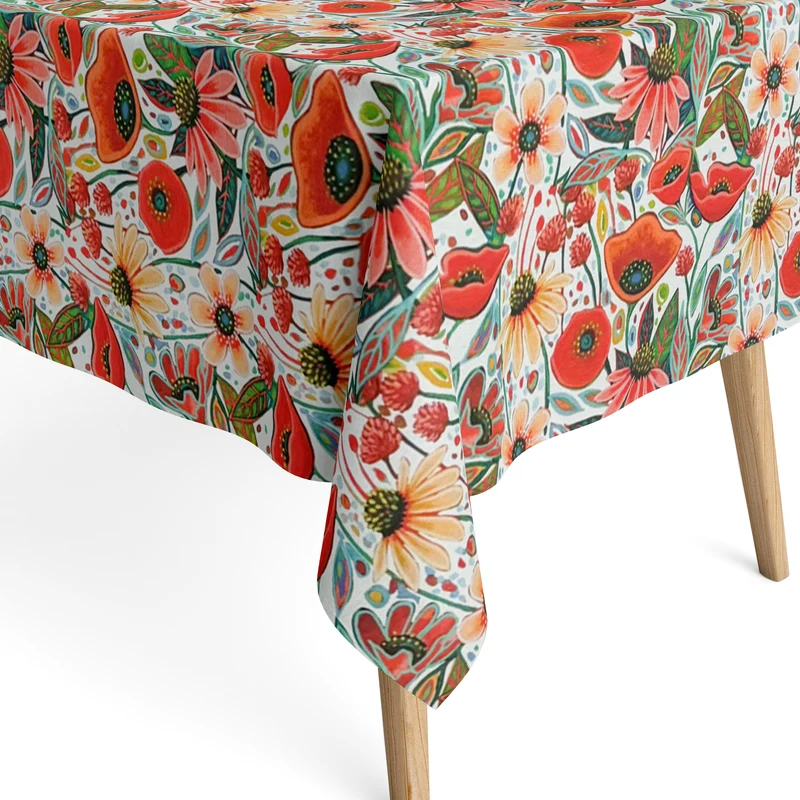 Jacquard Tischdecke aus beschichteter Baumwolle mit Fleckenschutz ADAL ROJO rote Blüten Mohnblumen BOHO eckig rund oval