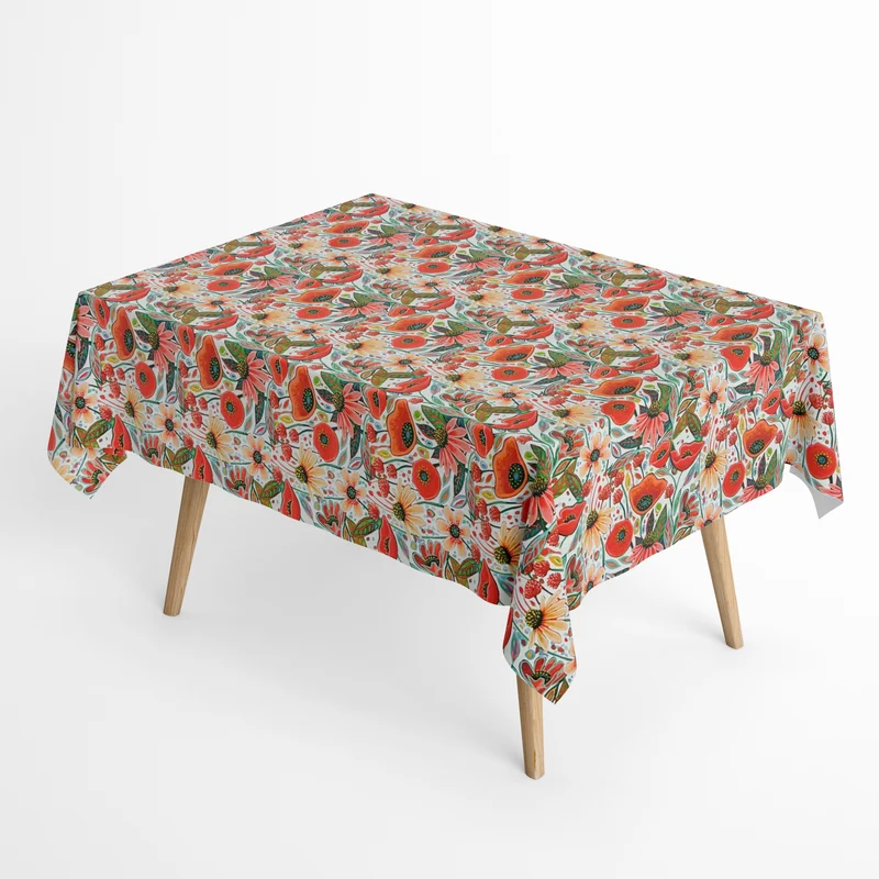 Jacquard Tischdecke aus beschichteter Baumwolle mit Fleckenschutz ADAL ROJO rote Blüten Mohnblumen BOHO eckig rund oval