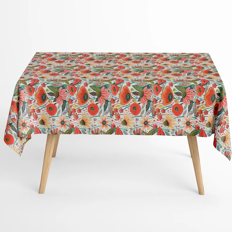 Jacquard Tischdecke aus beschichteter Baumwolle mit Fleckenschutz ADAL ROJO rote Blüten Mohnblumen BOHO eckig rund oval