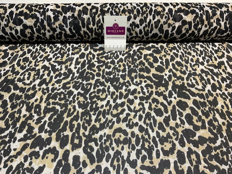 Silver dot on Cream Leopard Animal powermesh Stretch Dress Fabric M1785