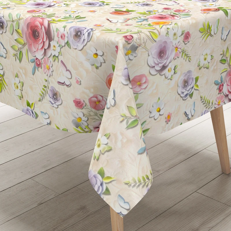 Wachstuch Tischdecke 01804-01 pastellfarbene Blumen auf beige eckig rund oval