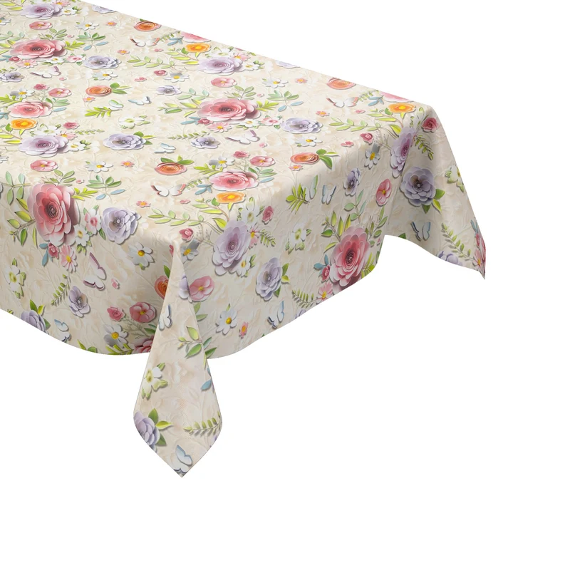 Wachstuch Tischdecke 01804-01 pastellfarbene Blumen auf beige eckig rund oval