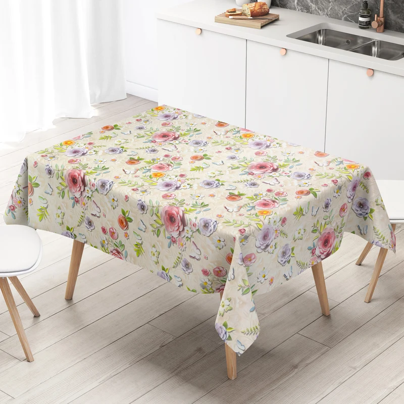 Wachstuch Tischdecke 01804-01 pastellfarbene Blumen auf beige eckig rund oval