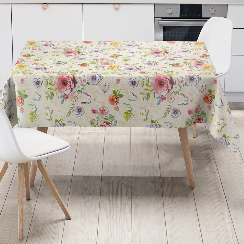 Wachstuch Tischdecke 01804-01 pastellfarbene Blumen auf beige eckig rund oval