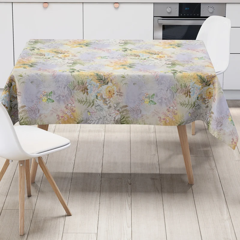 Wachstuch Tischdecke 01664-01 fliederfarben Blumen Vögel Blütenmeer eckig rund oval
