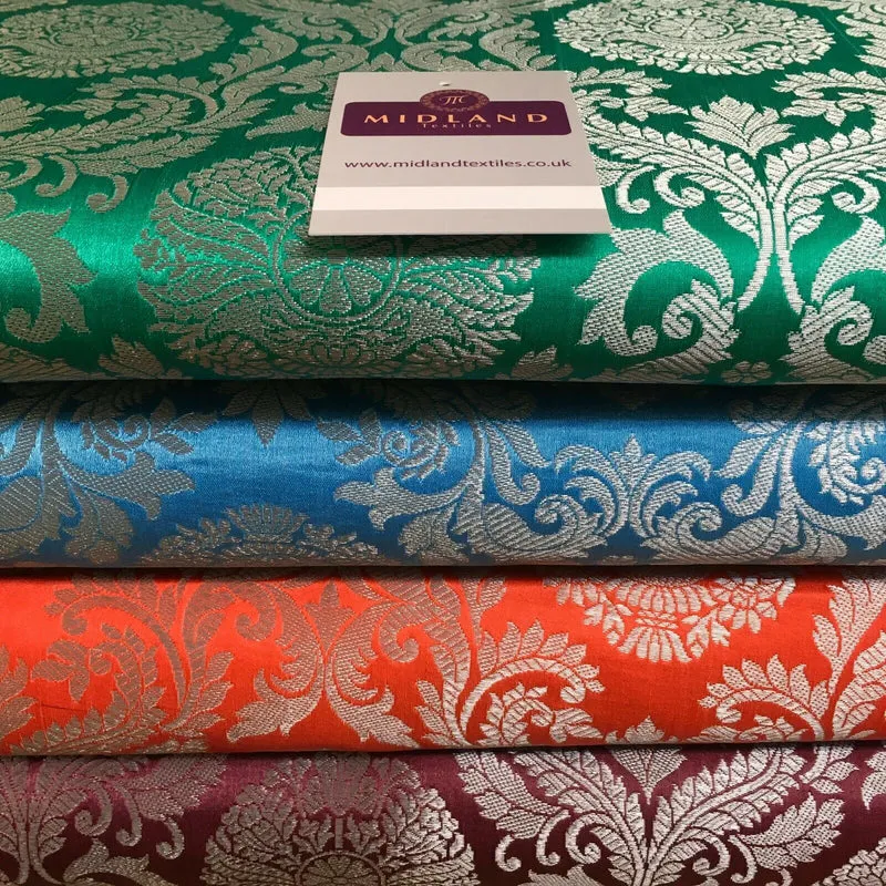 Silver Metallic Ornamental Indian Faux Silk Banarsi brocade Fabric 110cm MP1126