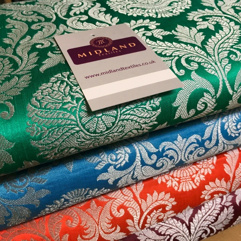 Silver Metallic Ornamental Indian Faux Silk Banarsi brocade Fabric 110cm MP1126