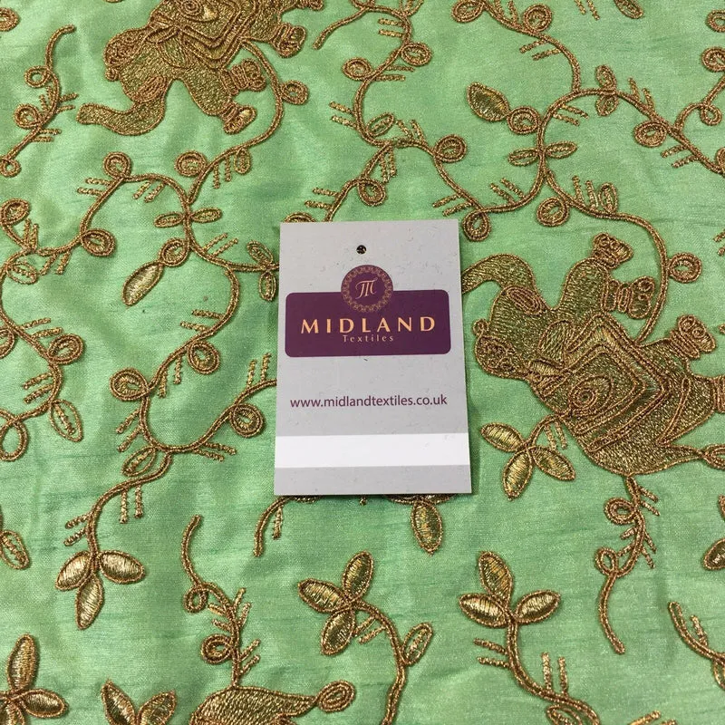 Golden thread Embroidered Elephant Faux Raw Silk dupion fabric 42" M736 Mtex