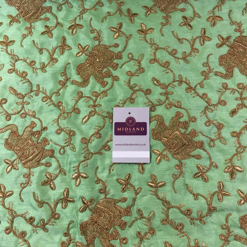 Golden thread Embroidered Elephant Faux Raw Silk dupion fabric 42" M736 Mtex