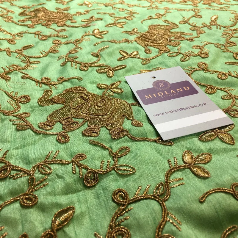 Golden thread Embroidered Elephant Faux Raw Silk dupion fabric 42" M736 Mtex
