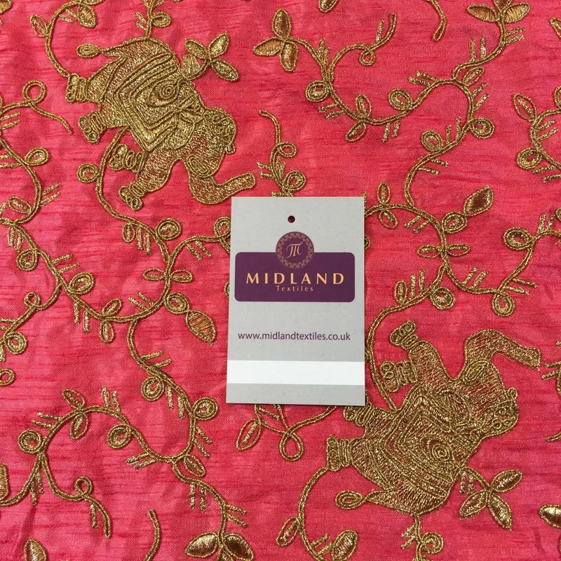 Golden thread Embroidered Elephant Faux Raw Silk dupion fabric 42" M736 Mtex