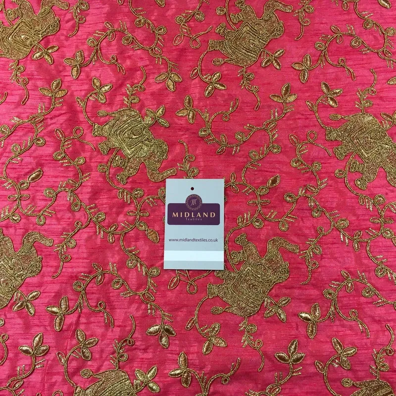 Golden thread Embroidered Elephant Faux Raw Silk dupion fabric 42" M736 Mtex