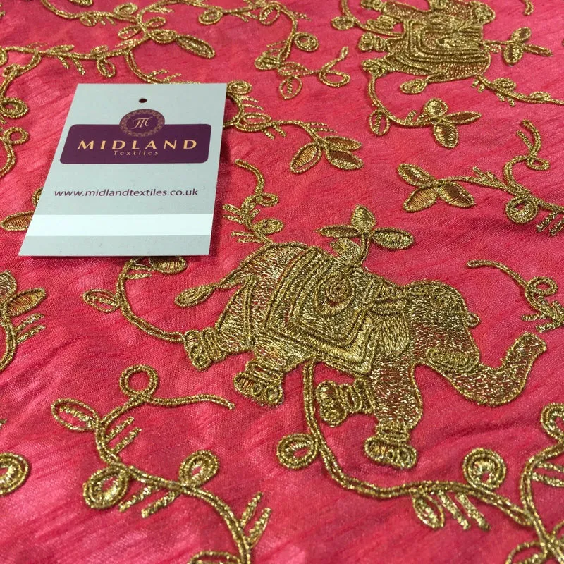 Golden thread Embroidered Elephant Faux Raw Silk dupion fabric 42" M736 Mtex