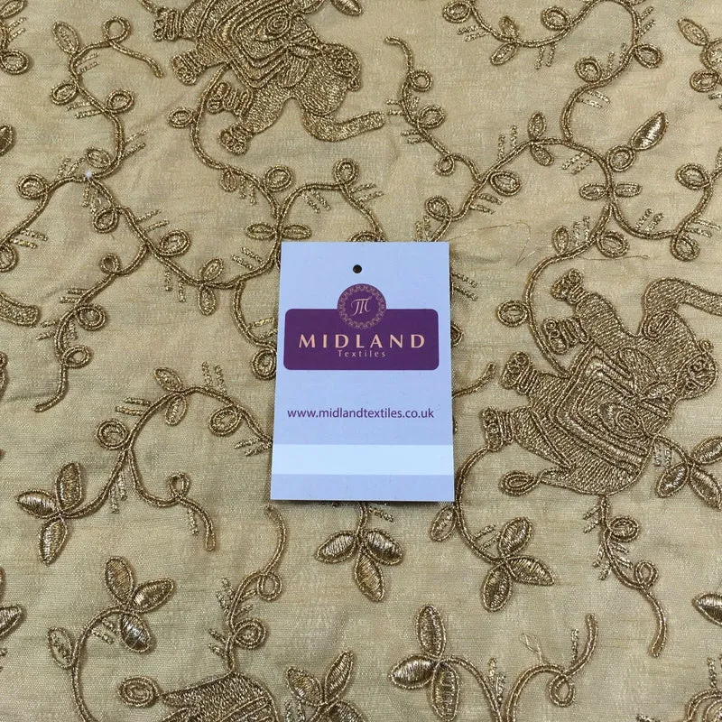 Golden thread Embroidered Elephant Faux Raw Silk dupion fabric 42" M736 Mtex